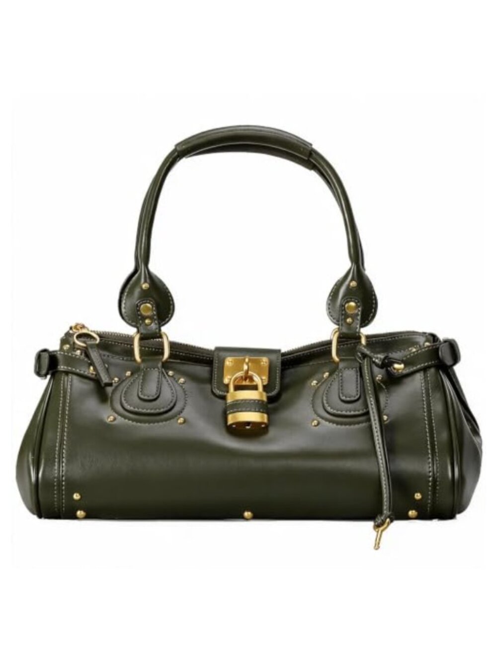 Y2K East West Faux Leather Satchel Shoulder Bag Studded Padlock Purse